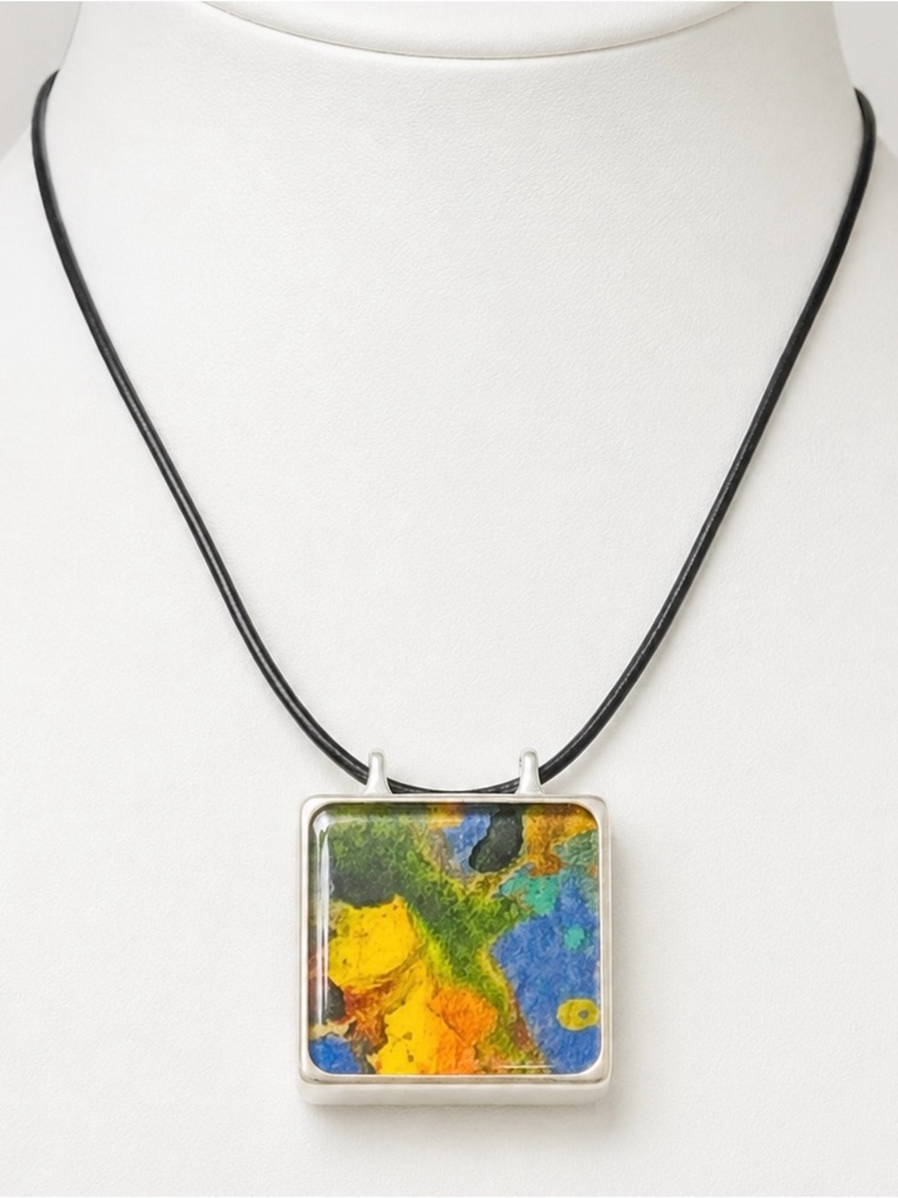 CFC Abstract Art Square Pendant Necklace Rubber Cord 18” Modern Multicolor